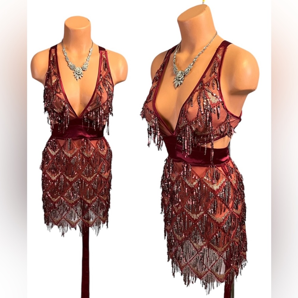Sexy Little Red and Gold Beaded Fringe and Sequin Burlesque Dancer Costume Dress